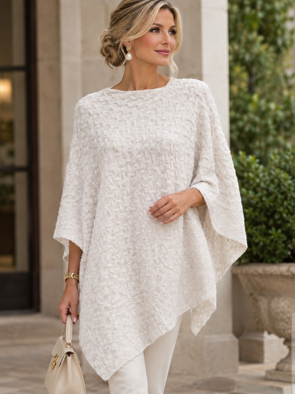Forte Cashmere Oatmeal Basketweave Cable Knit Textured Poncho One Size